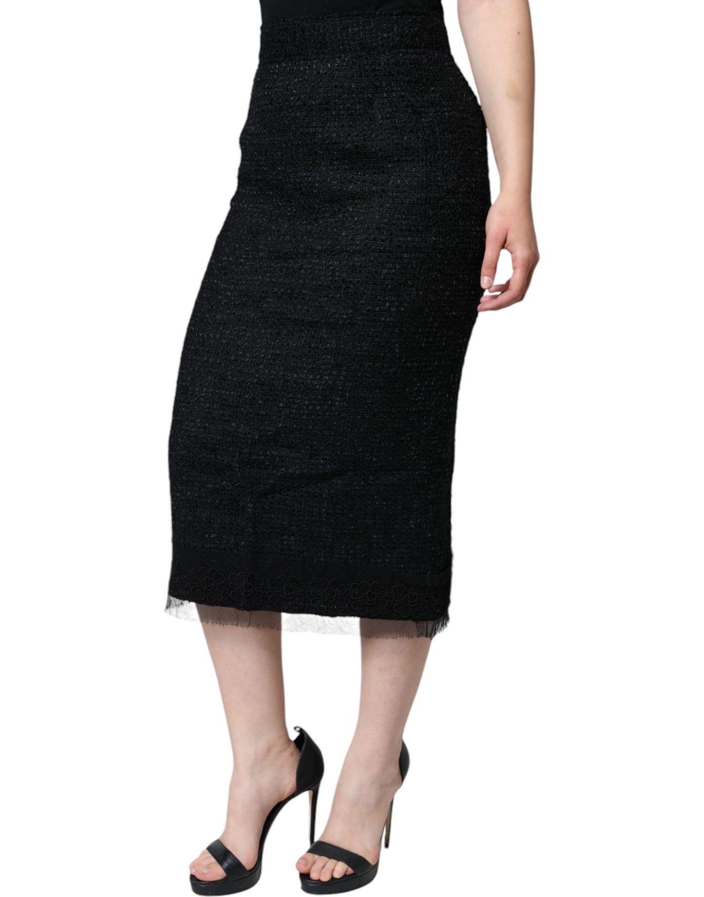 Dolce & Gabbana Black Virgin Wool Pencil Cut Midi Skirt