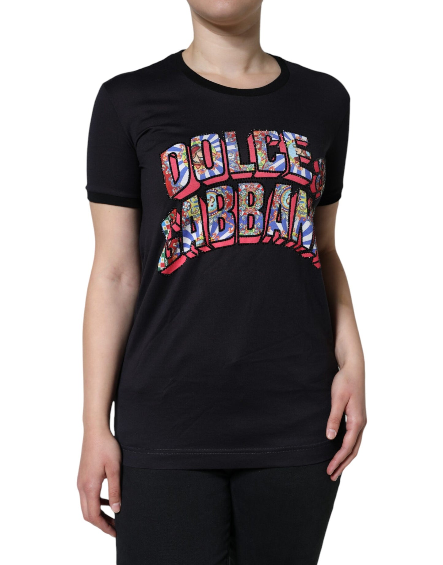 Dolce & Gabbana Black Cotton Logo Print Round Neck T-shirt