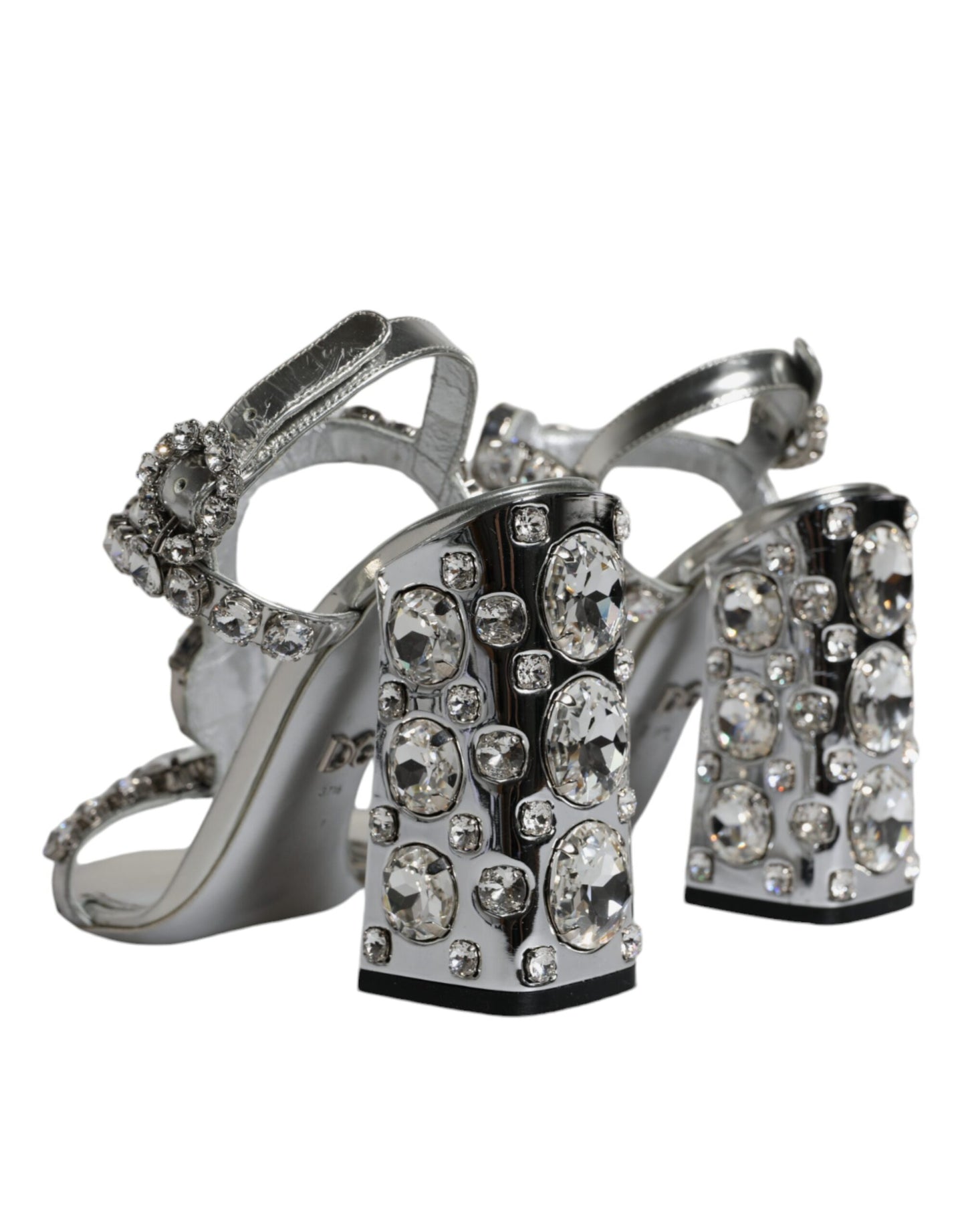 Dolce & Gabbana Silver Leather T-strap Crystal Sandals Shoes