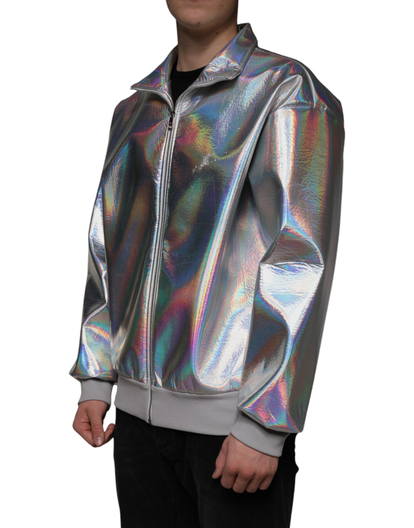 Dolce & Gabbana Silver Iridescent Full Zip Men Bomber Jacket