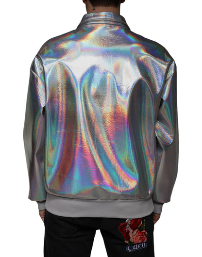 Dolce & Gabbana Silver Iridescent Full Zip Men Bomber Jacket