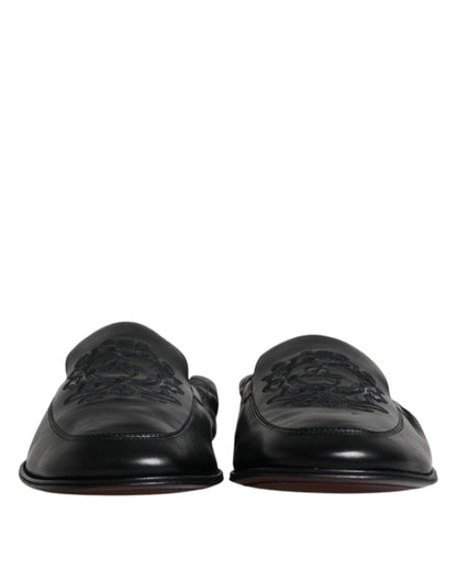 Dolce & Gabbana Black Logo Embroidered Leather Loafer Men Dress Shoes