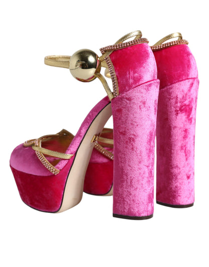 Dolce & Gabbana Pink Velvet Platform Ankle Strap Heel Sandals Shoes