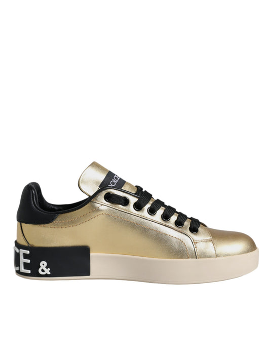 Dolce & Gabbana Gold Portofino Calf Leather Sneakers Shoes