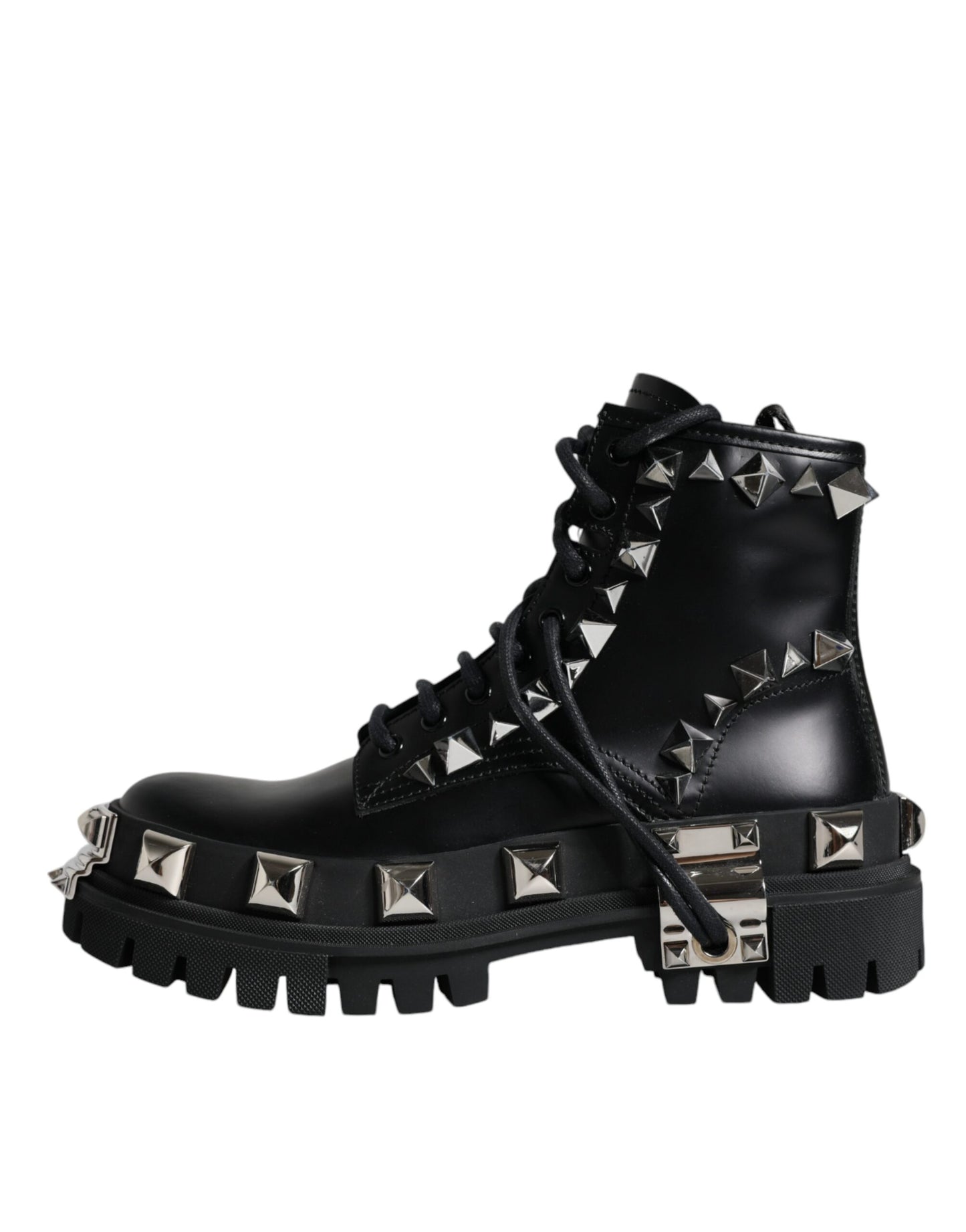 Dolce & Gabbana Black Leather Studded Trekking Boots Shoes