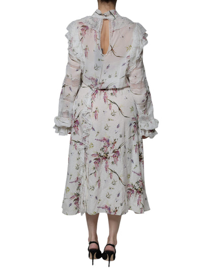 Ermanno Scervino White Floral Ruffles Lace Long Sleeves Maxi Dress