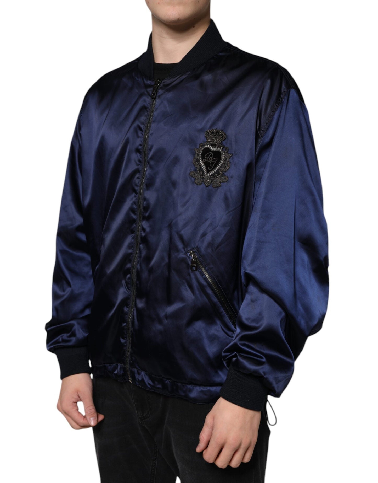 Dolce & Gabbana Blue Crown Heart Full Zip Men Bomber Jacket