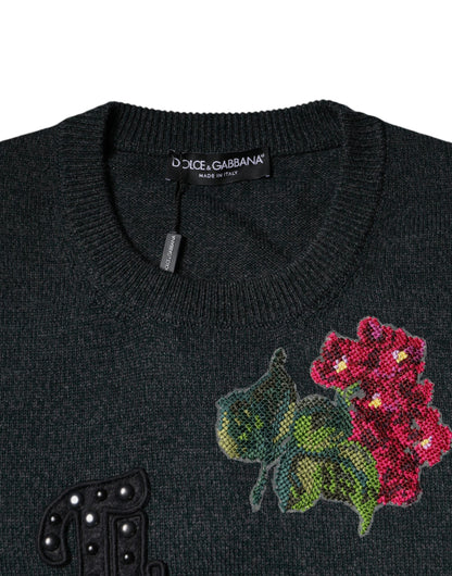 Dolce & Gabbana Gray Embellished Crew Neck Pullover Sweater