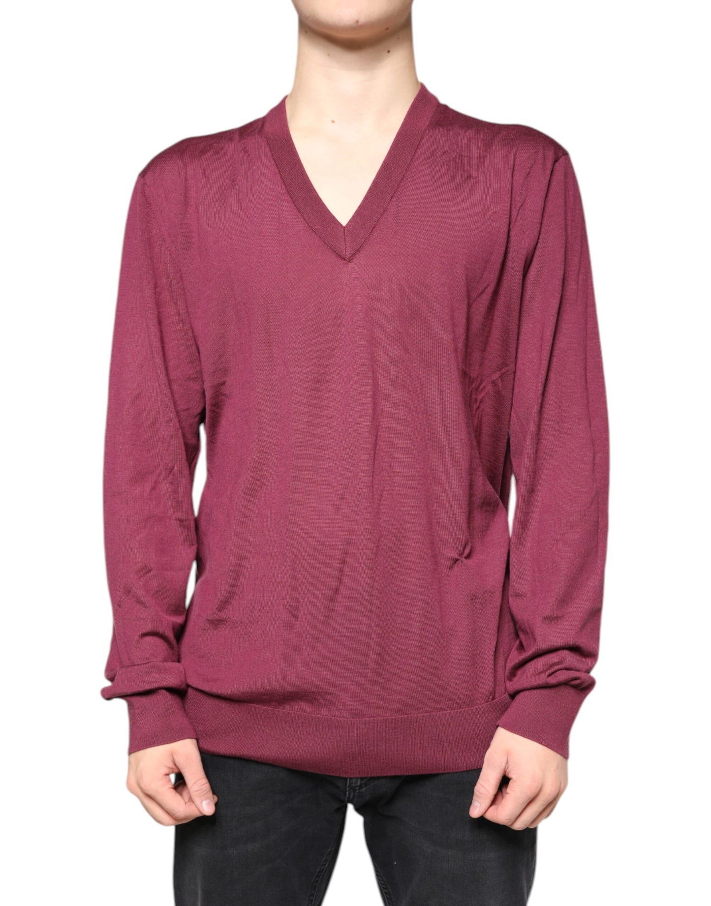 Dolce & Gabbana Maroon Cashmere V-neck Men Pullover Sweater