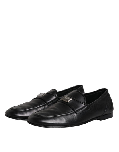 Dolce & Gabbana Black Leather Logo Slip On Men Loafers Shoes