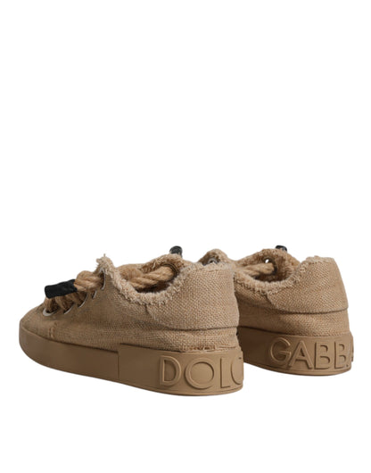 Dolce & Gabbana Brown Jute Fabric Low Top Men Sneakers Shoes