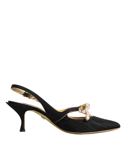 Dolce & Gabbana Black Leather Faux Pearls Slingbacks Shoes