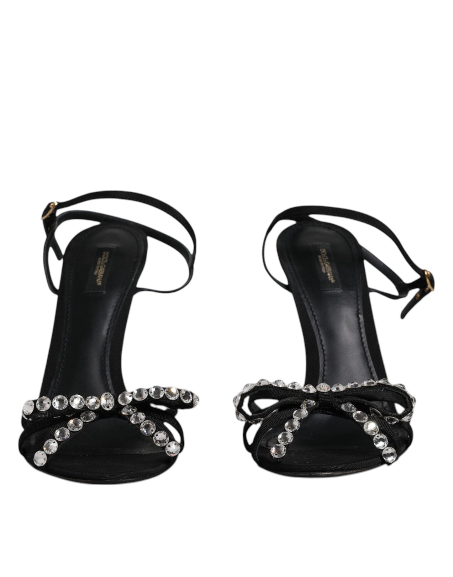 Dolce & Gabbana Black Leather Crystal Heels Sandals Shoes