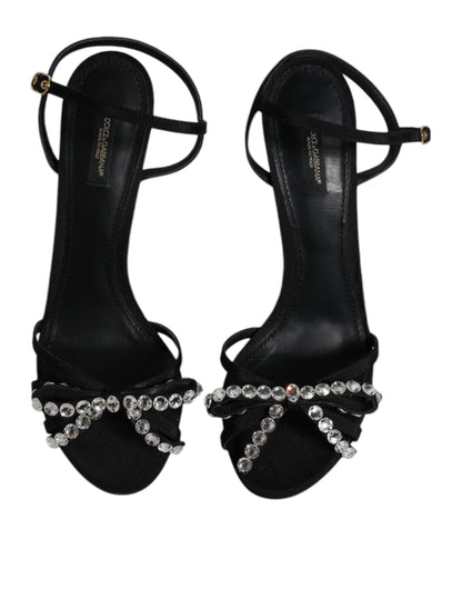 Dolce & Gabbana Black Leather Crystal Heels Sandals Shoes