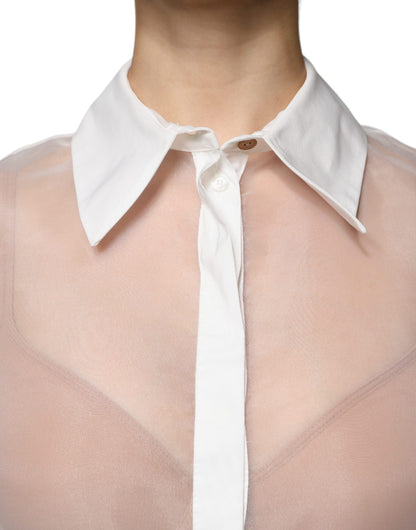 Elisabetta Franchi White Sheer Collared Buttoned Long Sleeves Top