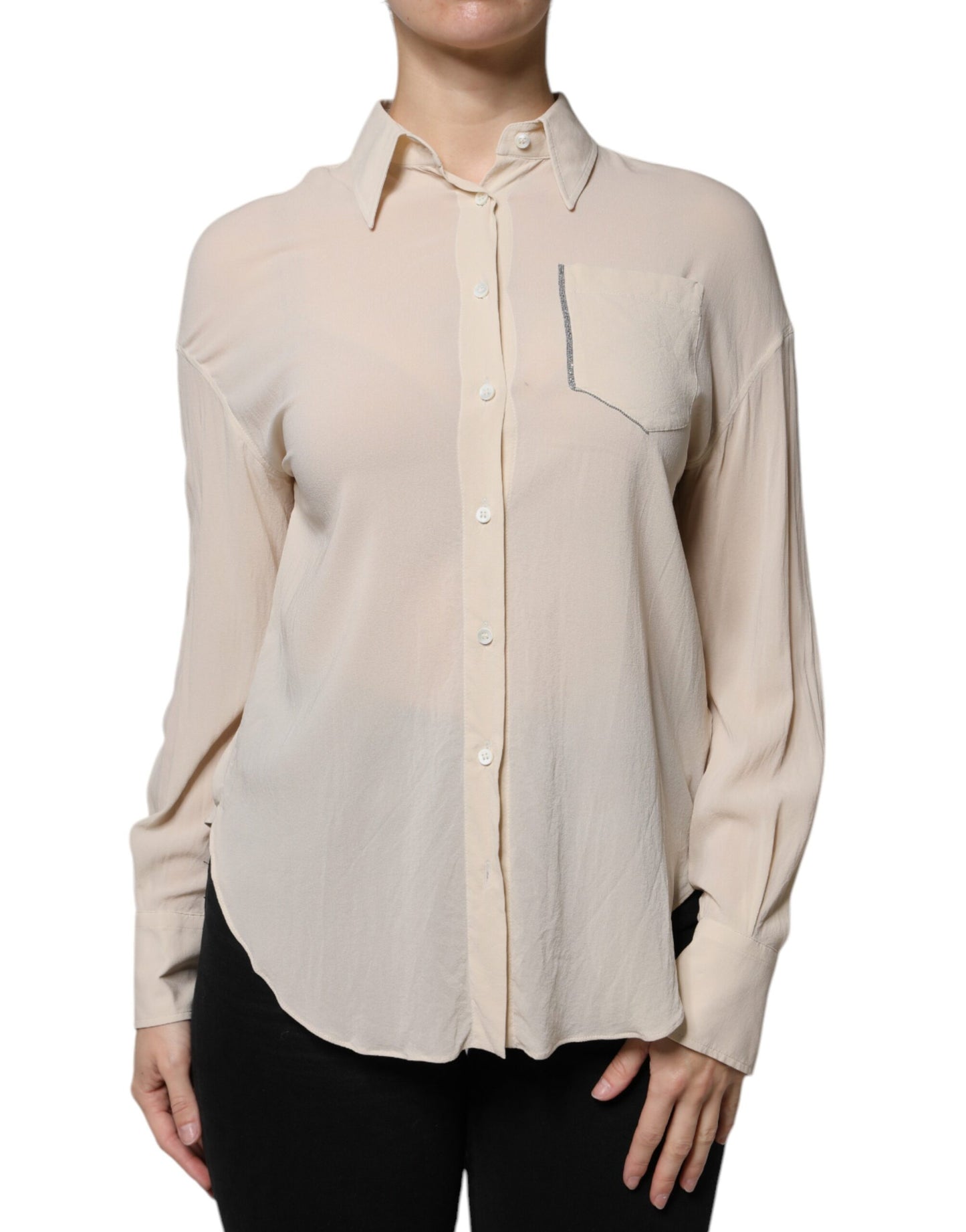 Brunello Cucinelli Beige Silk Blend Collared Button Down Top