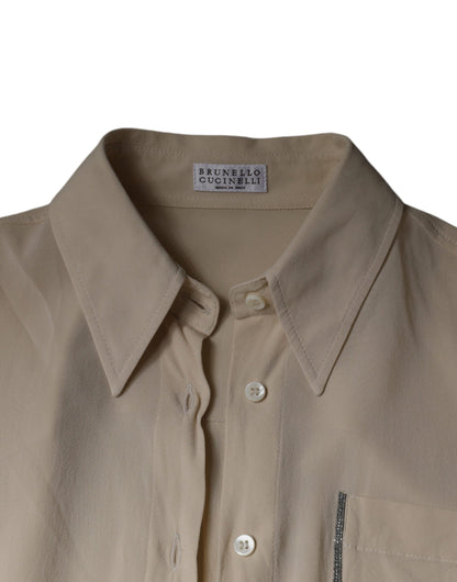 Brunello Cucinelli Beige Silk Blend Collared Button Down Top