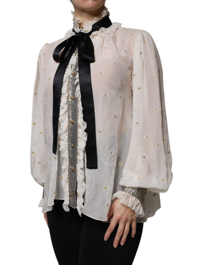 Dolce & Gabbana Off White Silk Blend Ascot Collar Blouse Top