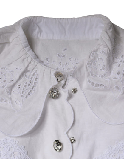 Dolce & Gabbana White Cotton Lace Trim Collared Blouse Top