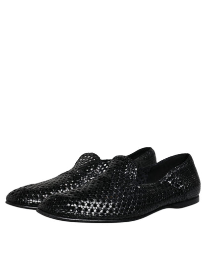 Dolce & Gabbana Black Woven Leather Slip On Loafers Shoes