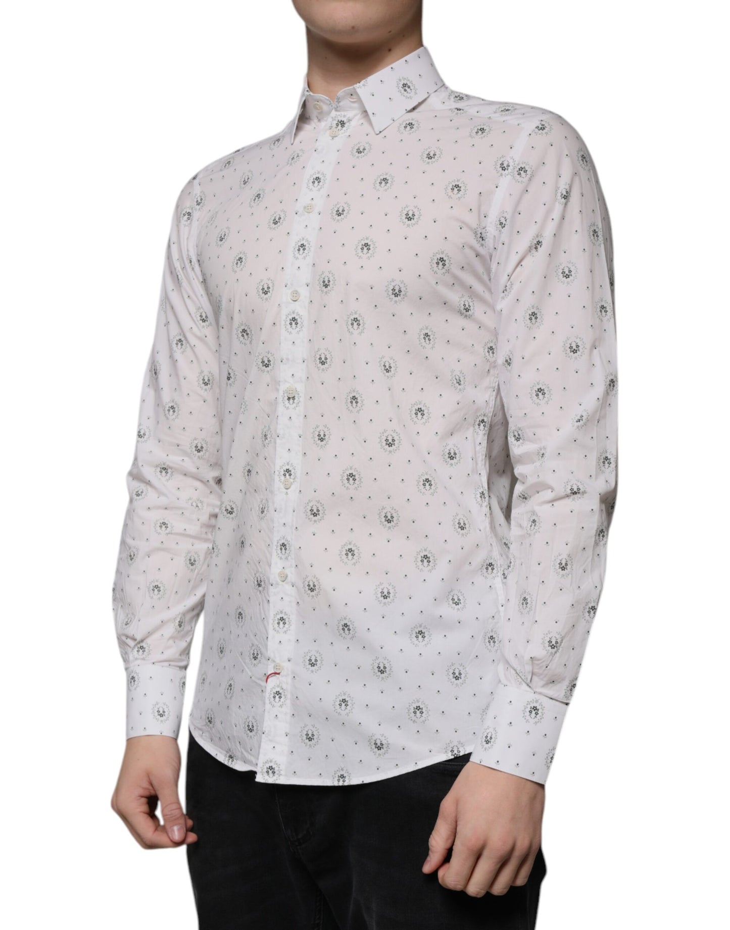 Dolce & Gabbana White Printed Cotton Slim Fit Men Dress Shirt