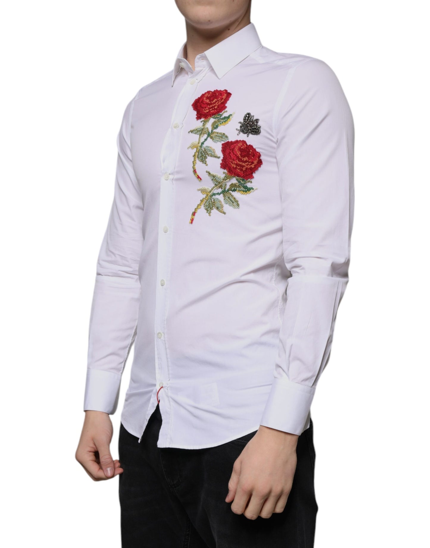 Dolce & Gabbana White Floral Embroidery GOLD Men Dress Shirt