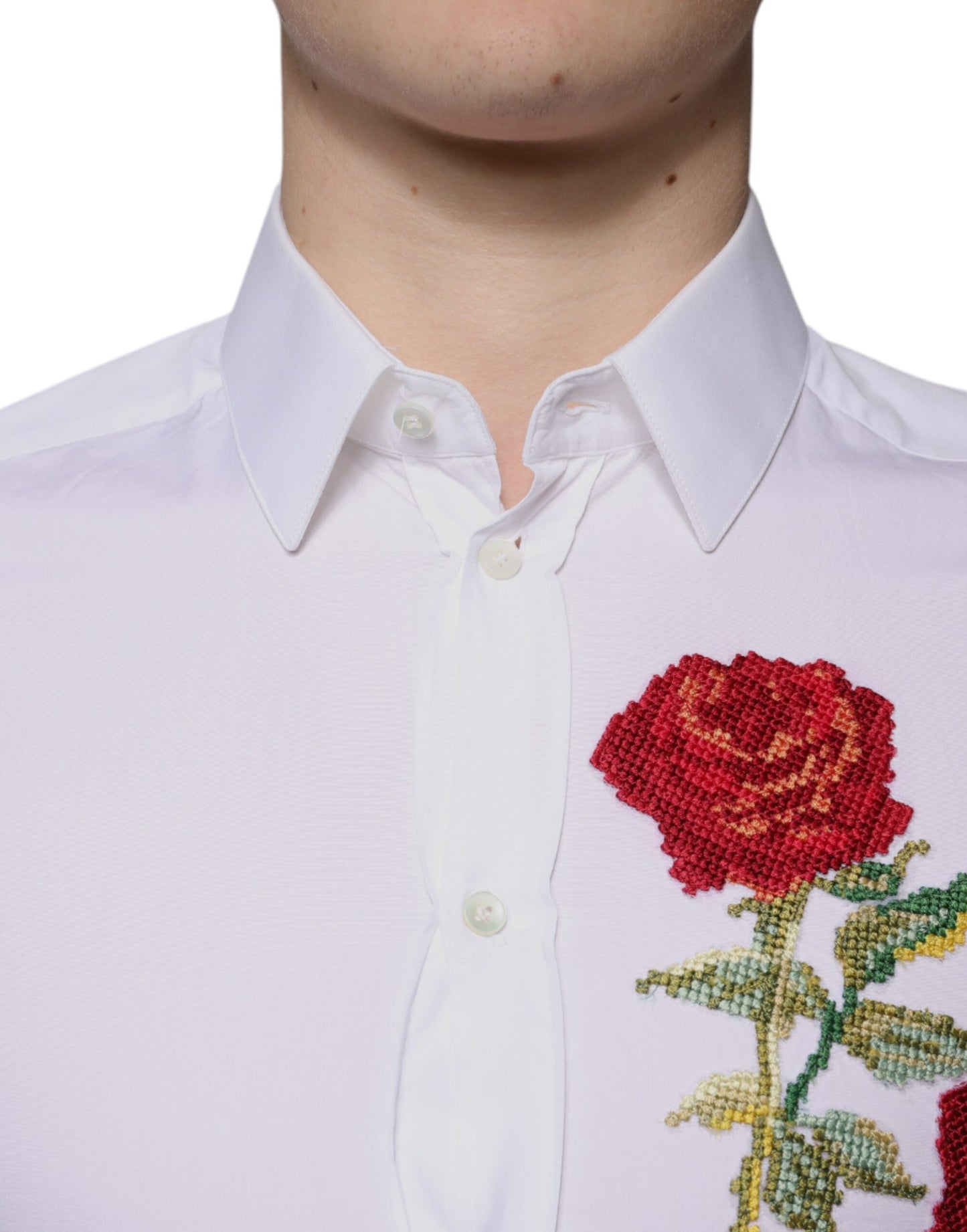 Dolce & Gabbana White Floral Embroidery GOLD Men Dress Shirt