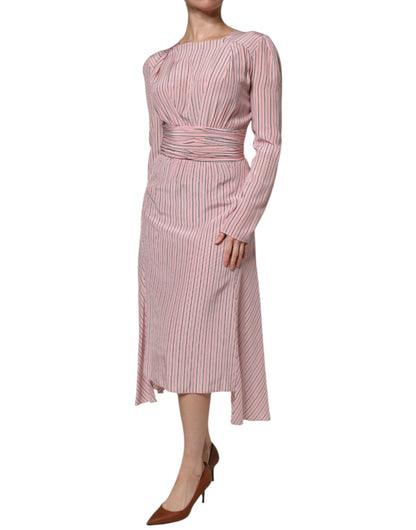 Ermanno Scervino Pink Stripes Silk Long Sleeves Midi Dress