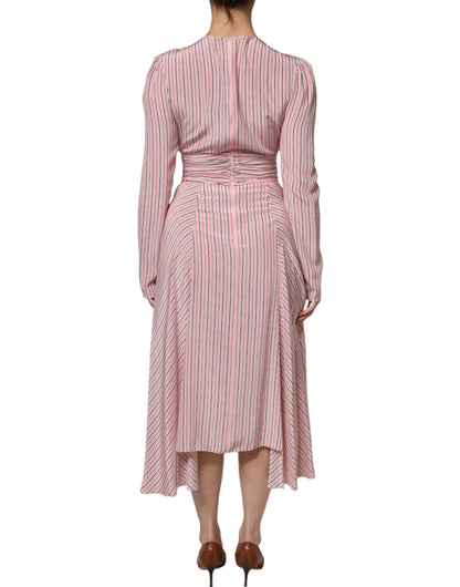 Ermanno Scervino Pink Stripes Silk Long Sleeves Midi Dress