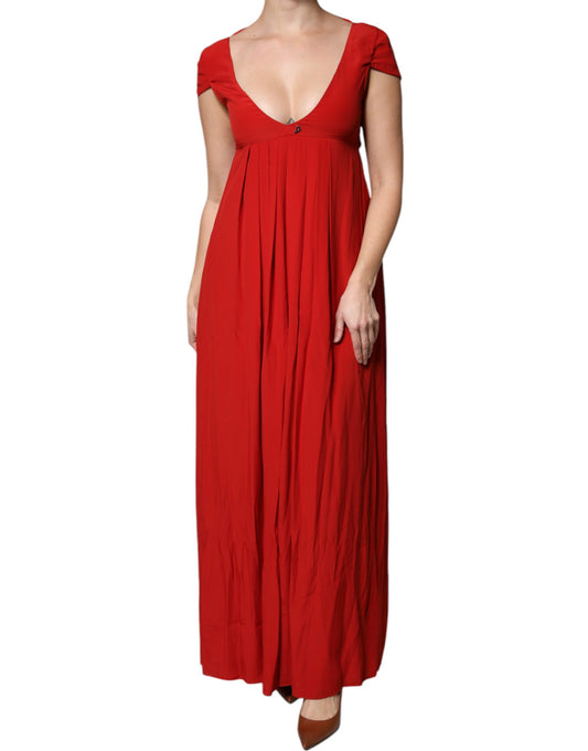 Dondup Red Acetate Short Sleeves Plunging Neckline Maxi Dress