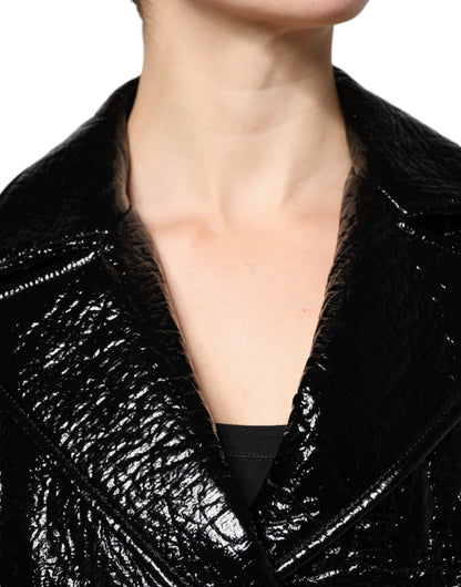 Dolce & Gabbana Black Leather Cropped Long Sleeve Coat Jacket