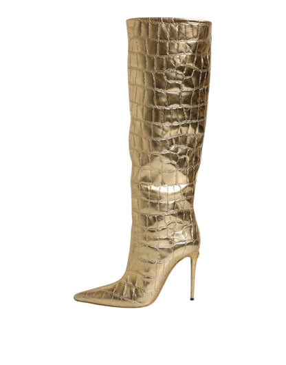 Dolce & Gabbana Gold Leather Stiletto Heels High Boots Shoes