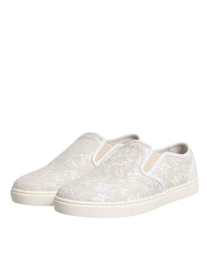 Dolce & Gabbana White Floral Lace Slip On Loafers Shoes