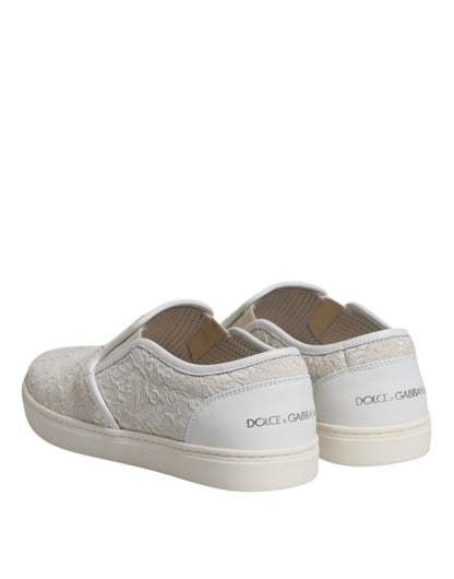 Dolce & Gabbana White Floral Lace Slip On Loafers Shoes