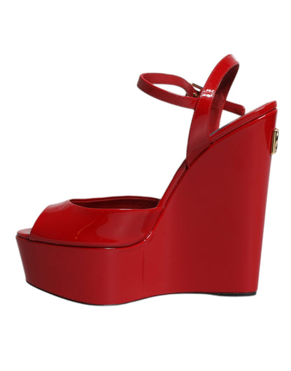 Dolce & Gabbana Red Patent Leather Wedges Heels Sandals Shoes