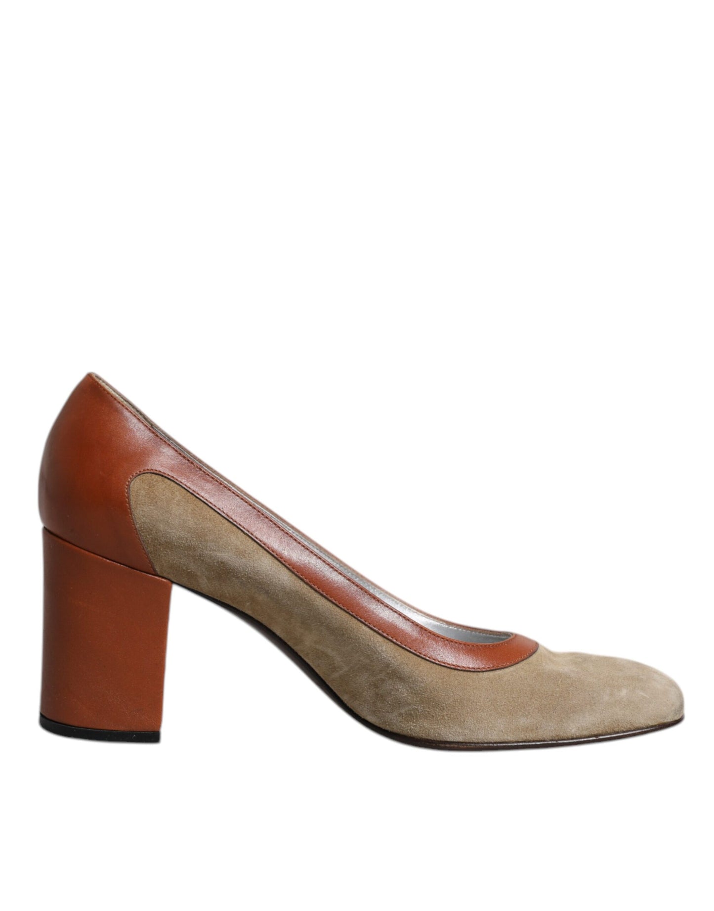 Dolce & Gabbana Beige Brown Leather Block Heels Pumps Shoes