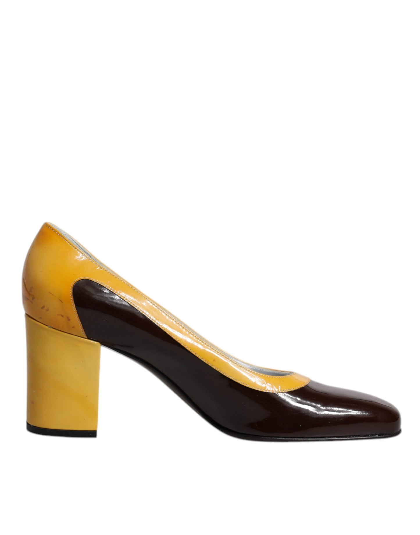 Dolce & Gabbana Yellow Brown Leather Block Heel Pumps Shoes