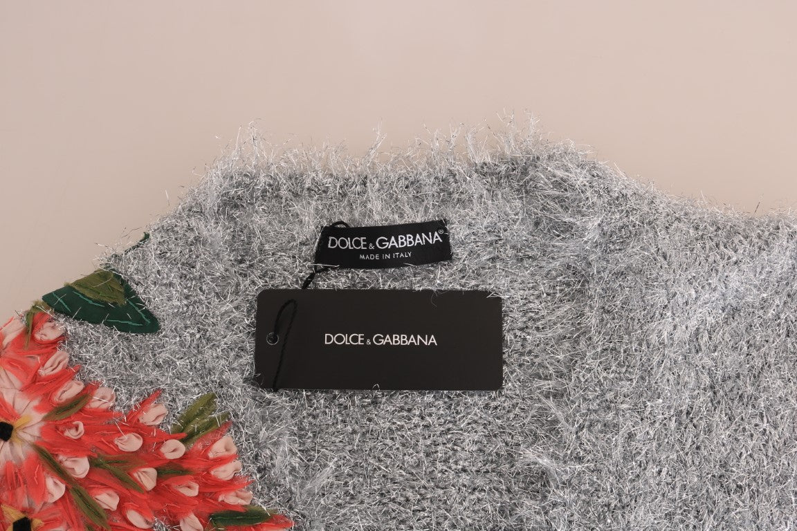 Dolce &amp; Gabbana Elegant Silver Blommor Applique Cardigan