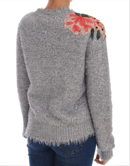 Dolce &amp; Gabbana Elegant Silver Blommor Applique Cardigan