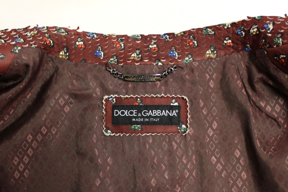 Dolce &amp; Gabbana Exklusiv Bordeaux-läderjacka med boxertryck