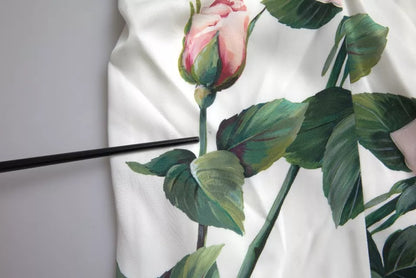 Dolce & Gabbana White Roses Print Stretch Silk Pleated Dress