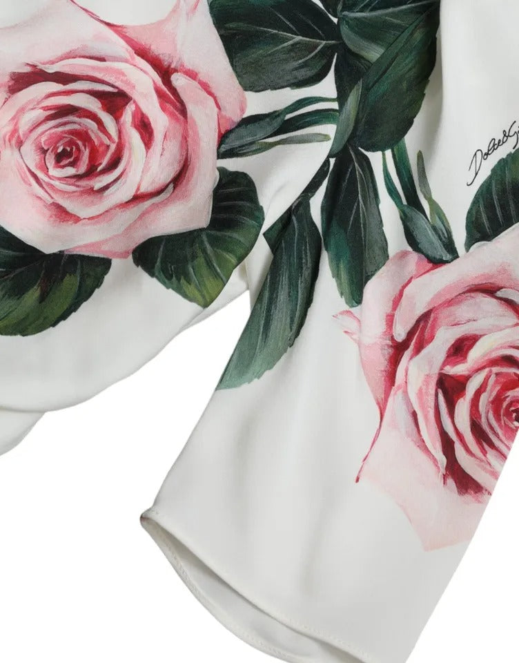 Dolce & Gabbana White Roses Print Stretch Silk Pleated Dress