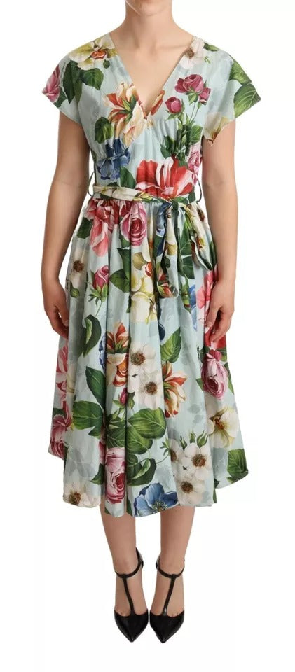 Dolce & Gabbana Green Floral Short Sleeves V-neck Dress