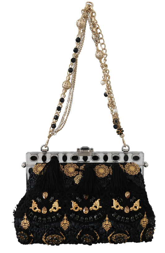 Clutch de noche con borlas negras y cristales barrocos dorados de Dolce &amp; Gabbana