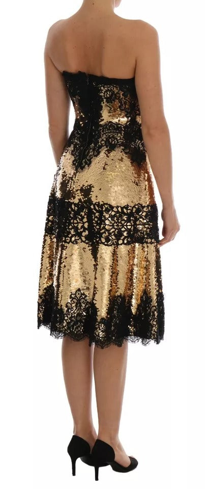 Dolce & Gabbana Gold Strapless Sequin Embellished Lace Dress