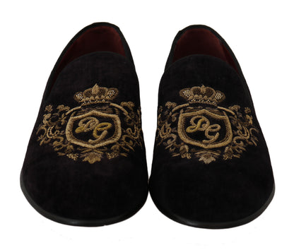 Dolce &amp; Gabbana Elegant Black Loafers med guldkronabroderi