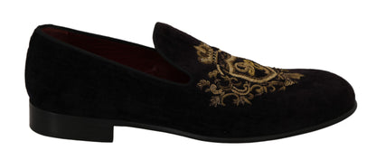 Dolce &amp; Gabbana Elegant Black Loafers med guldkronabroderi