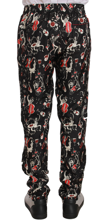 Pantalones elegantes de seda negra con estampado rojo de Dolce &amp; Gabbana