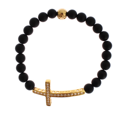 Nialaya Chic Matt Onyx Bead &amp; CZ Diamond Cross Armband