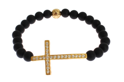 Nialaya Chic Matt Onyx Bead &amp; CZ Diamond Cross Armband